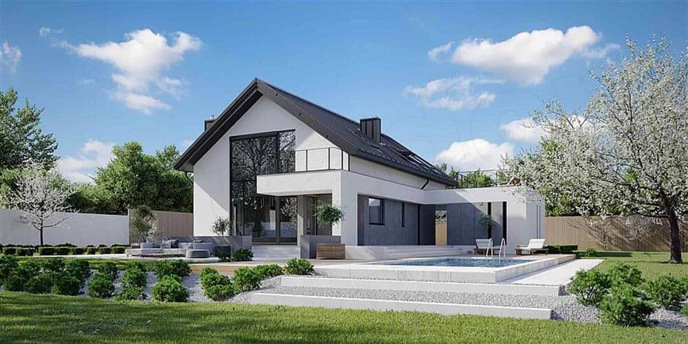 Ngôi nhà hiện đại với sân vườn và hồ bơi, bầu trời trong xanh và cây cối xung quanh tạo không gian thư giãn.