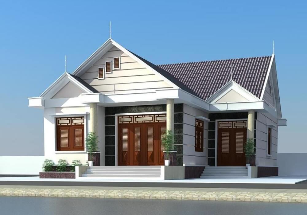 Nhà một tầng màu trắng, mái ngói nâu, cửa gỗ, thiết kế hiện đại, sân rộng, cây cảnh trước cửa.