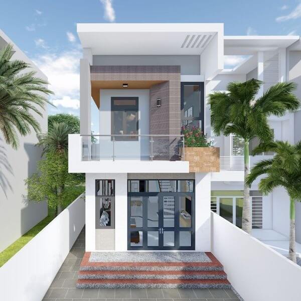 Nhà phố hiện đại 2 tầng với ban công và cây xanh, thiết kế tối giản, sáng tạo.