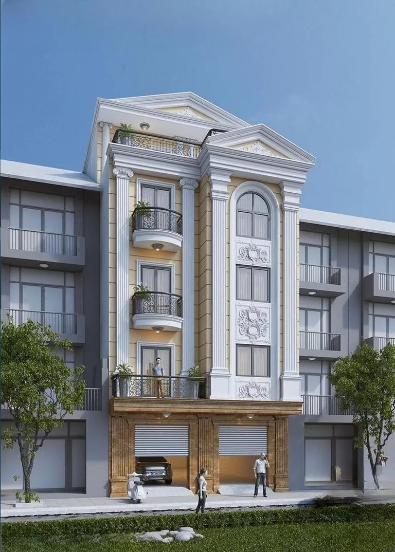 Nhà phố 4 tầng phong cách tân cổ điển với ban công và cột trụ, người dân đứng trước cửa.