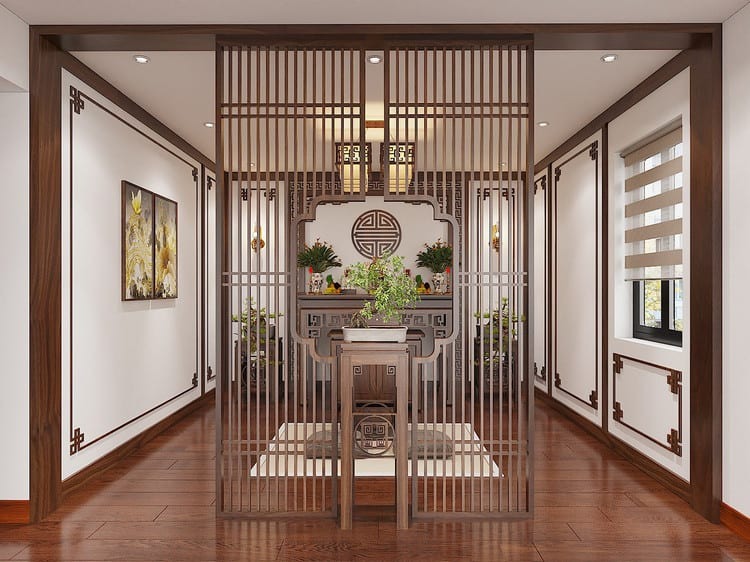 kinh-nghiem-thiet-ke-phong-tho-hop-phong-thuy-1 Không gian nội thất phòng thờ truyền thống, thiết kế gỗ tinh tế, trang nhã với cây xanh và ánh sáng tự nhiên.