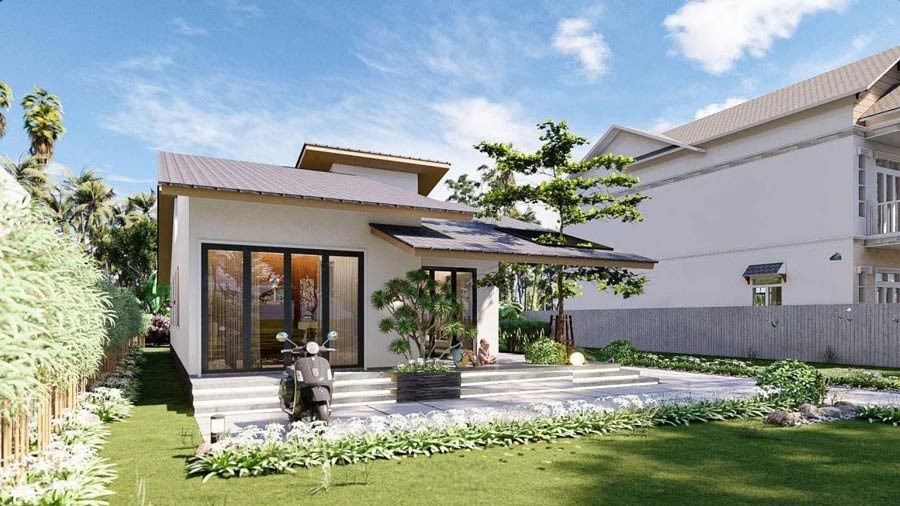 Nhà một tầng hiện đại với sân vườn xanh mát và xe máy trước cửa, trời nắng đẹp.