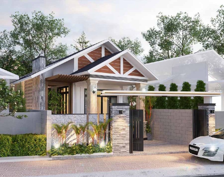 Nhà một tầng hiện đại, mái chéo, vườn cây xanh mát, cổng đá, ô tô đỗ phía trước.