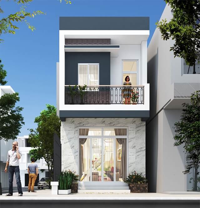 kinh-phi-xay-nha-dien-tich-5x12m-la-bao-nhieu Nhà phố hai tầng hiện đại với ban công và cửa kính lớn, người đứng trên ban công, cây xanh xung quanh.