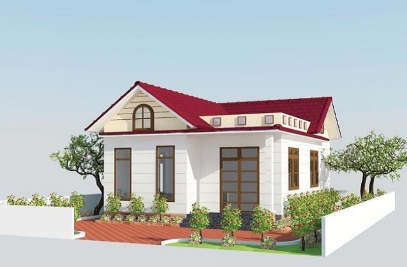 lam-nha-pham-trach-tu-co-anh-huong-khong Nhà cấp 4 mái đỏ hiện đại với sân vườn xanh mát và hàng rào trắng.