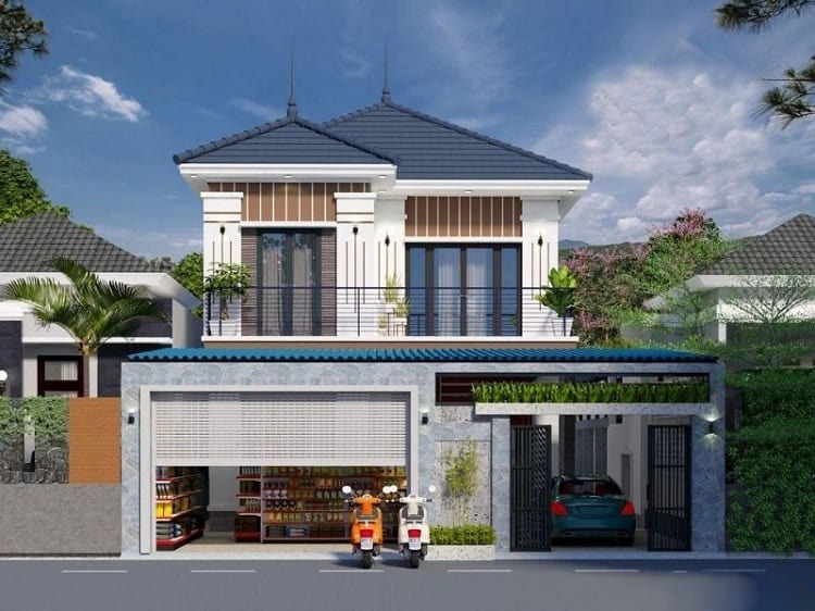 Nhà hai tầng hiện đại với mái ngói xanh, sân để xe ô tô, xe máy và cửa hàng nhỏ ở mặt tiền.
