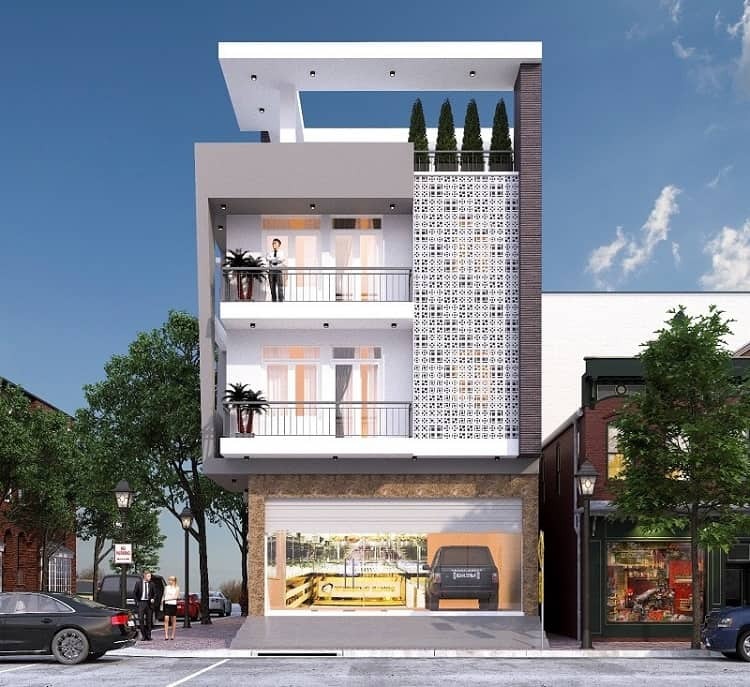 Ngôi nhà phố hiện đại ba tầng với ban công và cây xanh, thiết kế tối giản, nền trời xanh.