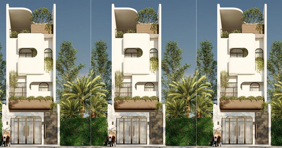 Ngôi nhà hiện đại ba tầng với cây xanh trên ban công và sân thượng, nằm giữa hàng cây xanh mát.