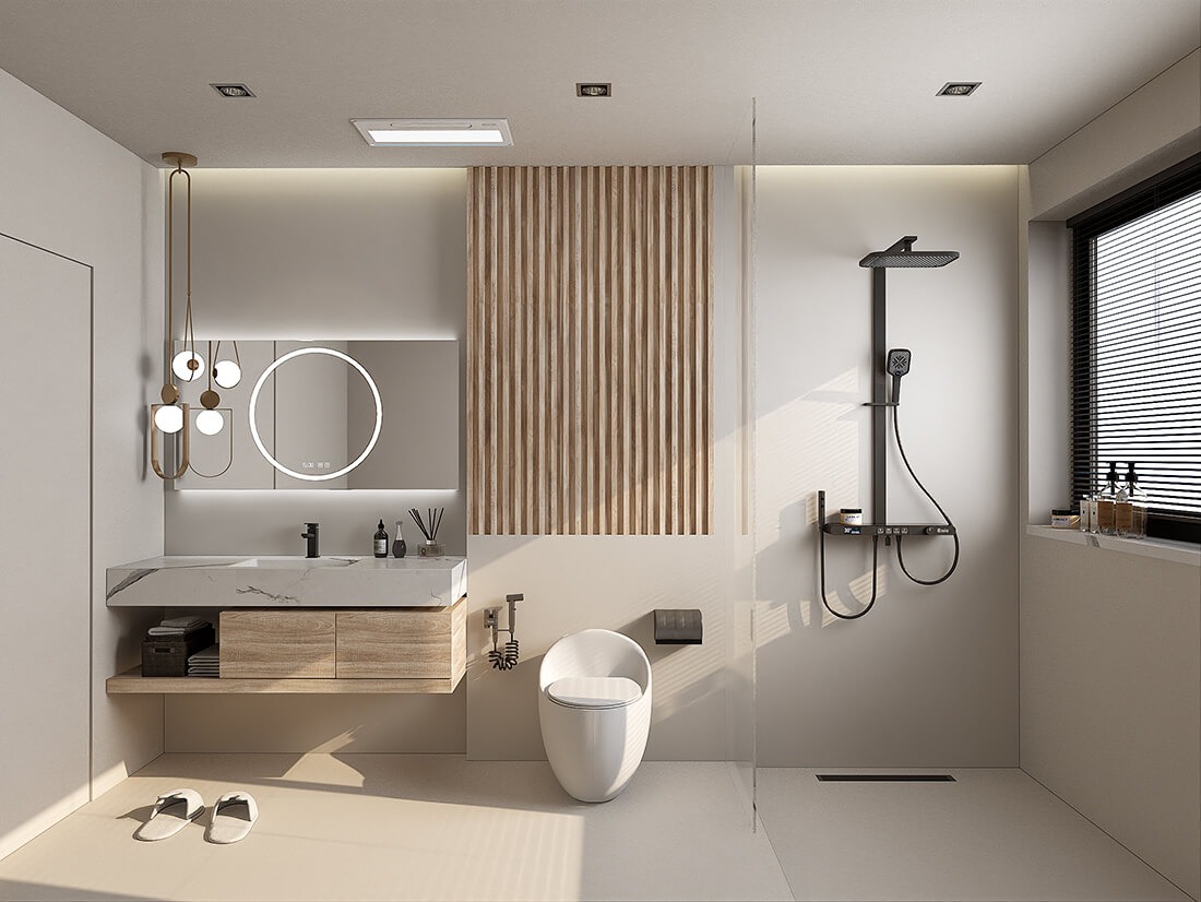 lap-dat-he-thong-chieu-sang-phu-hop-cho-nha-tam Phòng tắm hiện đại với vòi sen mưa, gương tròn phát sáng và nội thất gỗ thanh lịch.