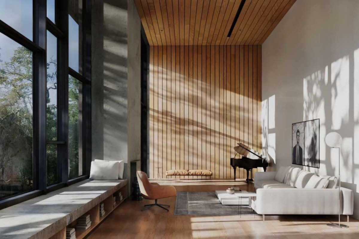 Phòng khách hiện đại với sofa trắng, đàn piano và cửa sổ lớn, ánh sáng tự nhiên tràn vào tạo không gian ấm áp.