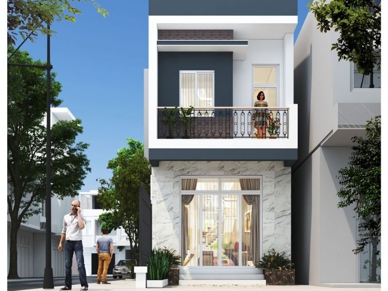 lap-ke-hoach-chi-tiet-va-du-toan-cu-the Mặt tiền nhà phố hiện đại với ban công, cây xanh và người đi bộ, trời xanh nắng đẹp.