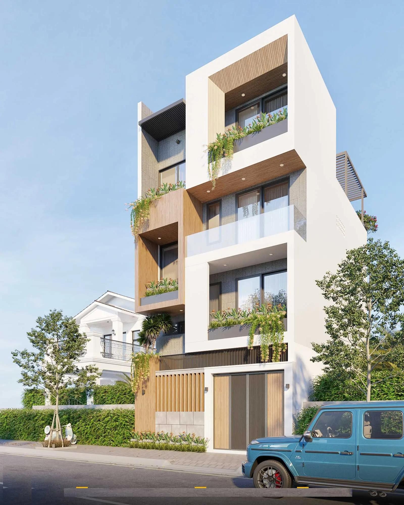 Nhà phố hiện đại bốn tầng với ban công xanh, xe hơi xanh đỗ phía trước, trời xanh và sáng.