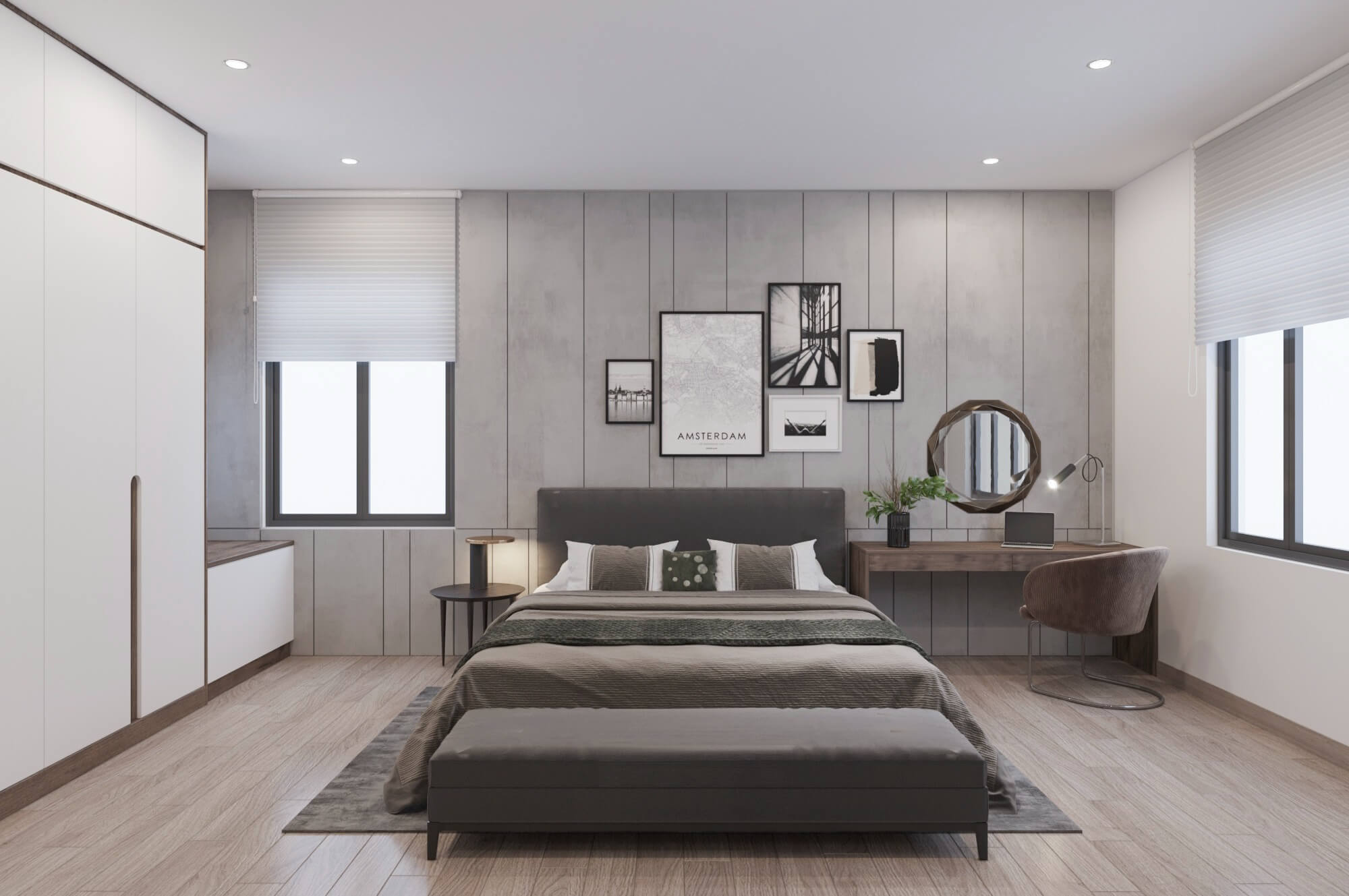 Phòng ngủ hiện đại với giường thoải mái, bàn làm việc gỗ và trang trí tường tối giản.