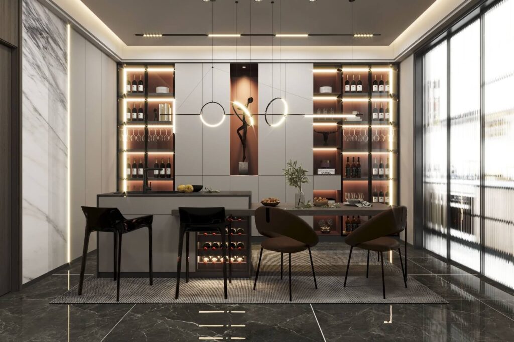 Phòng bếp hiện đại với bàn ghế sang trọng, kệ rượu và ánh sáng tinh tế.