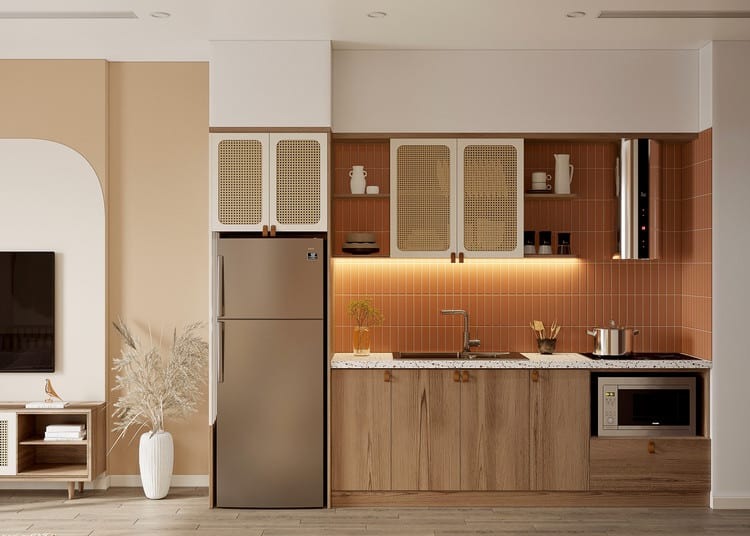 Nhà bếp hiện đại với tủ lạnh màu bạc, tủ gỗ và đồ nội thất tối giản, thiết kế sang trọng.