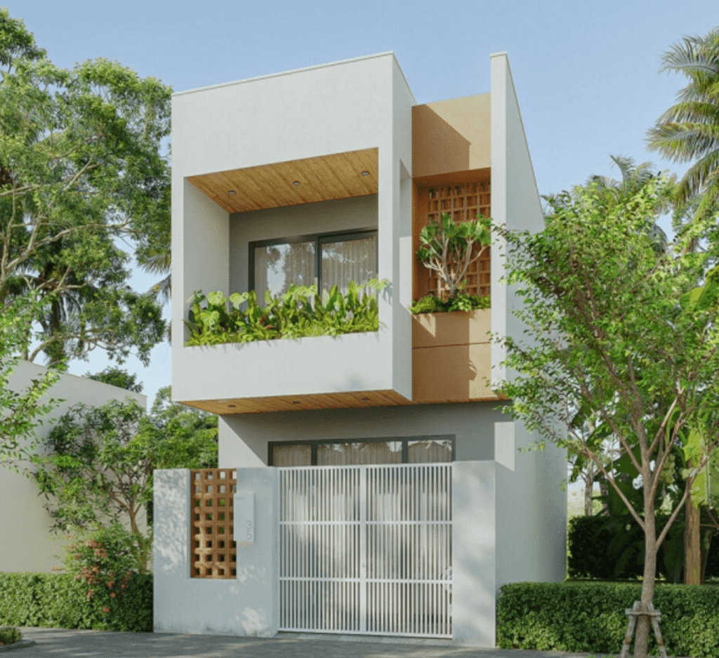 lqxntmuh6fc37sykbag0 Nhà hiện đại hai tầng màu trắng với cây xanh, cửa kính lớn và ban công có cây cảnh.