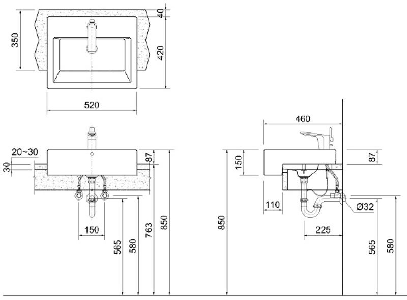 lua-chon-kich-thuoc-ong-thoat-lavabo Bản vẽ kỹ thuật lavabo với kích thước chi tiết, mặt cắt ngang và mặt bên.