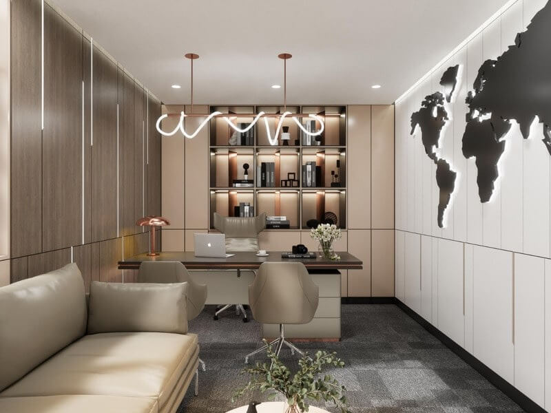 lua-chon-noi-that-co-kich-thuoc-phu-hop Văn phòng hiện đại với bàn làm việc, ghế sofa, trang trí bản đồ thế giới trên tường và ánh sáng độc đáo.