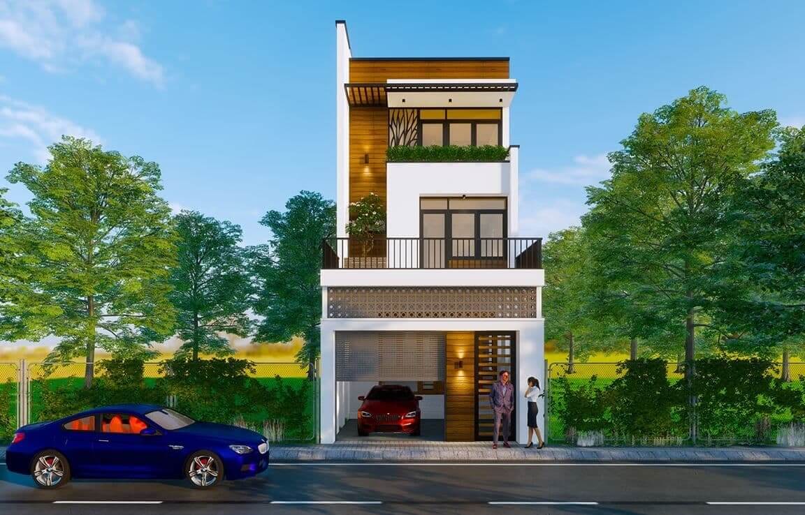 Nhà hiện đại ba tầng với xe ô tô đỗ phía trước, bao quanh bởi cây xanh và bầu trời trong xanh.