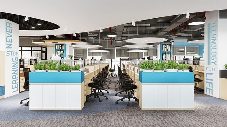 luu-y-khi-bo-tri-noi-that-van-phong-mo-2 Văn phòng hiện đại với thiết kế mở, ghế xoay và cây xanh, mang lại không gian làm việc thoải mái.