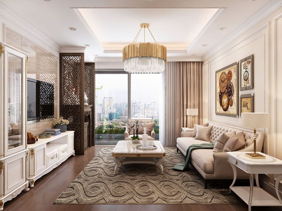 Phòng khách sang trọng với sofa trắng, đèn chùm và tranh treo tường, cửa sổ lớn nhìn ra thành phố.