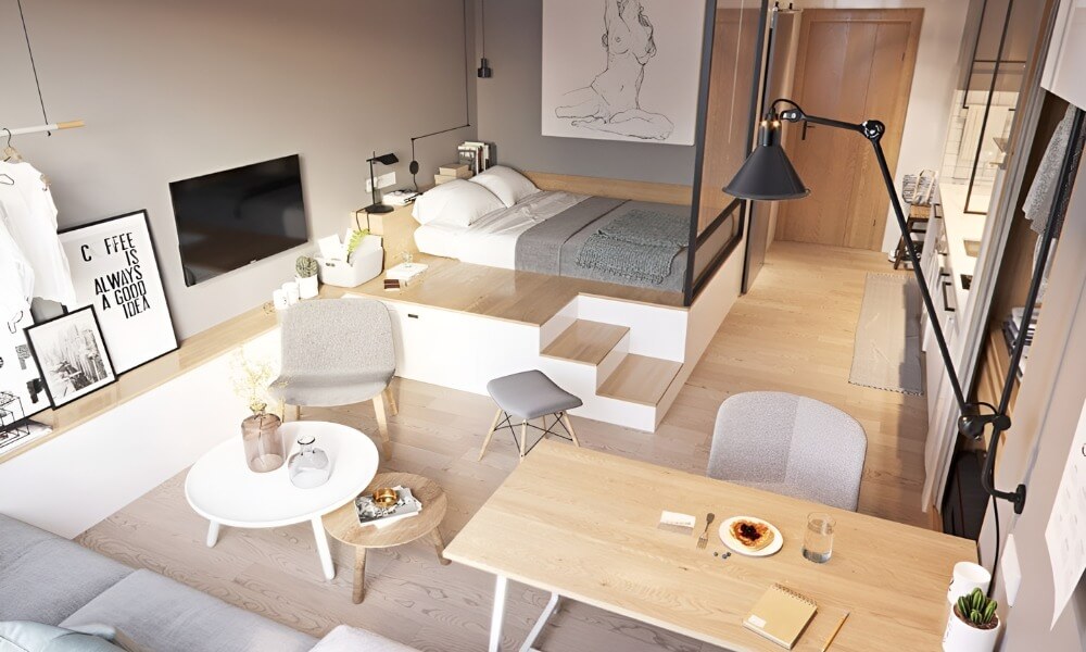 Căn hộ nhỏ gọn hiện đại với giường ngủ, bàn làm việc và trang trí sáng tạo.