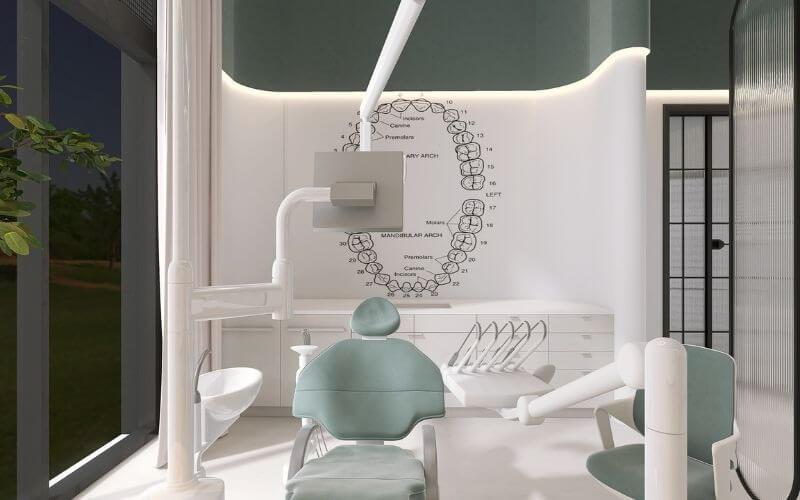 luu-y-khi-thiet-ke-noi-that-phong-kham-nha-khoa Phòng khám nha khoa hiện đại với ghế khám răng và thiết bị chuyên dụng, màu sắc trang nhã, ánh sáng tự nhiên.