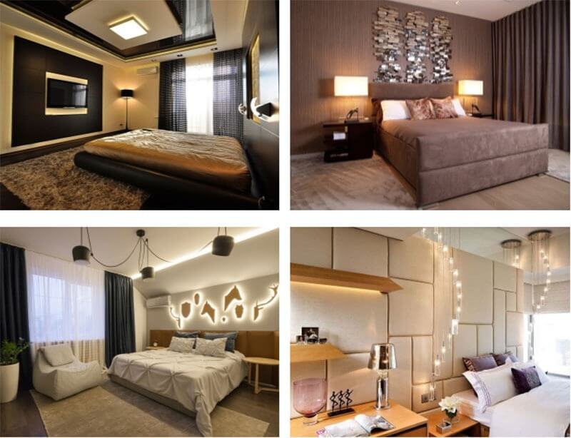 Bố trí nội thất phòng ngủ hiện đại với ánh sáng ấm áp và trang trí độc đáo.
