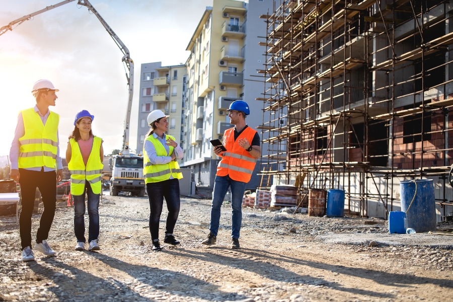 Nhóm kỹ sư xây dựng thảo luận tại công trường, mặc áo bảo hộ, có mũ cứng, tòa nhà cao tầng phía sau.