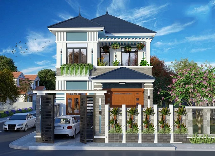 luu-y-khi-xay-dung-nha-huong-bac Biệt thự hiện đại với mái ngói xanh, sân vườn trang trí cây xanh, xe ô tô đỗ trước cổng, trời trong xanh.