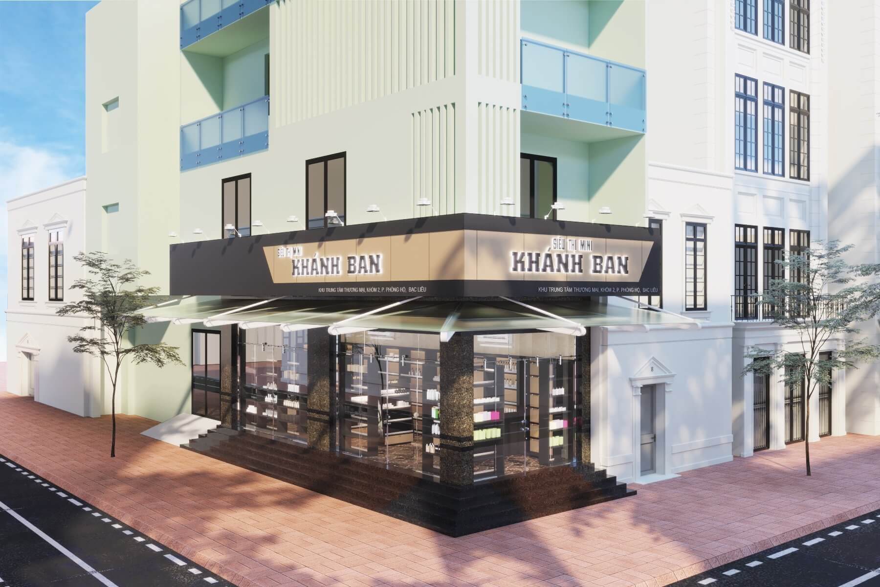 Mặt tiền siêu thị mini Khánh Ban tại trung tâm thương mại, thiết kế hiện đại, cửa kính lớn, vị trí góc phố.