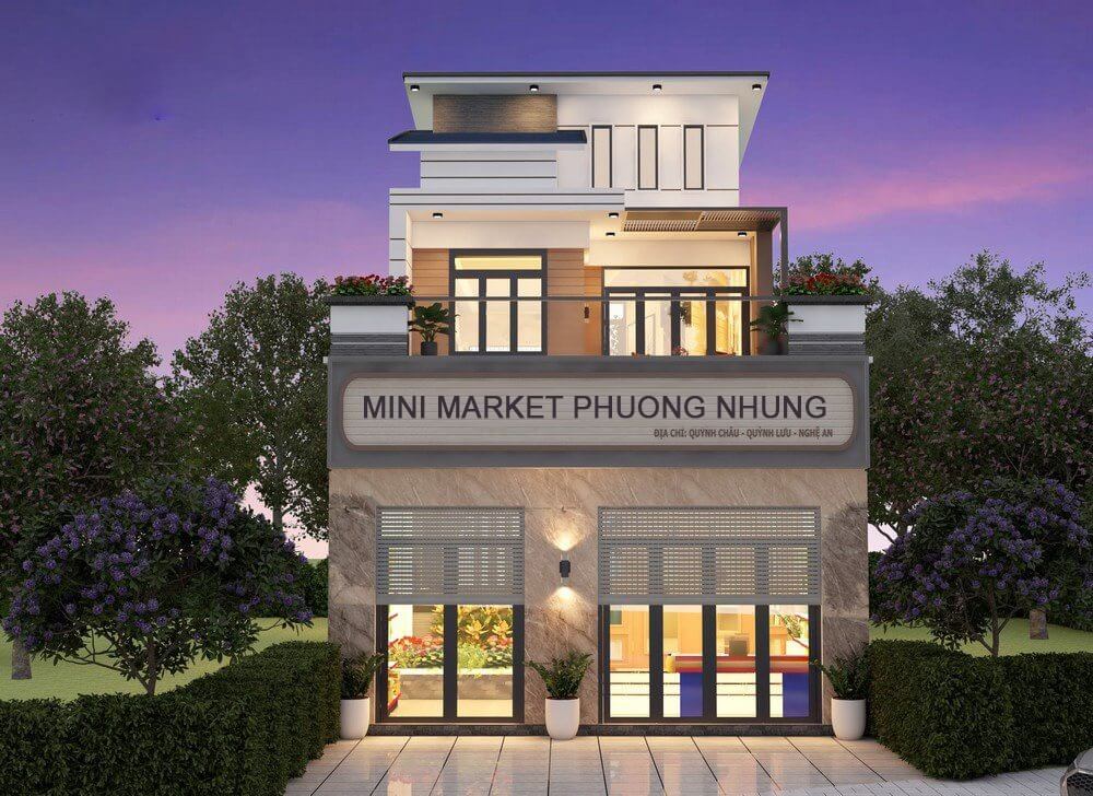 Mặt tiền Mini Market Phương Nhung, hiện đại, hai tầng, ban công, cây xanh, trời hoàng hôn, Nghệ An.