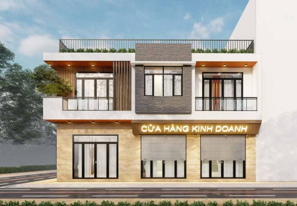 Mặt tiền cửa hàng hiện đại hai tầng với bảng hiệu Cửa Hàng Kinh Doanh, thiết kế sang trọng và cây xanh.