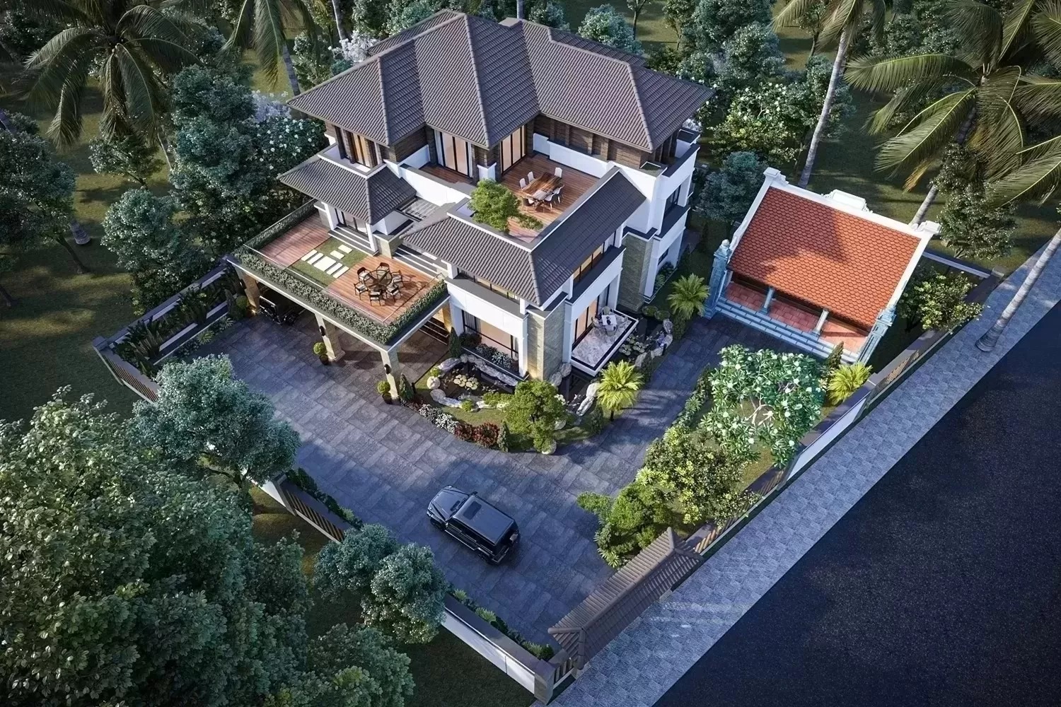 Biệt thự hiện đại với sân vườn xanh mát, góc nhìn từ trên cao, có ô tô đỗ và nhà phụ truyền thống bên cạnh.