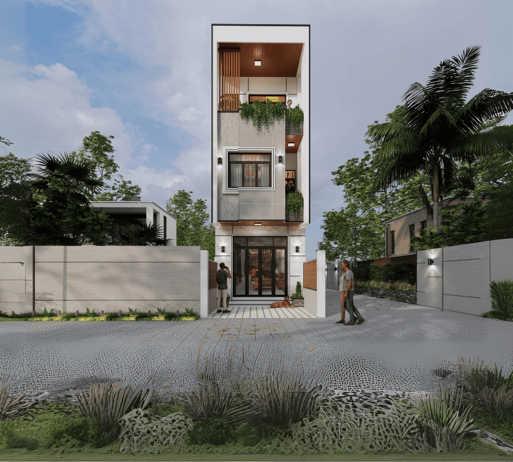 Nhà phố hiện đại ba tầng với sân vườn xanh mát và cây cảnh bày trí đẹp mắt.