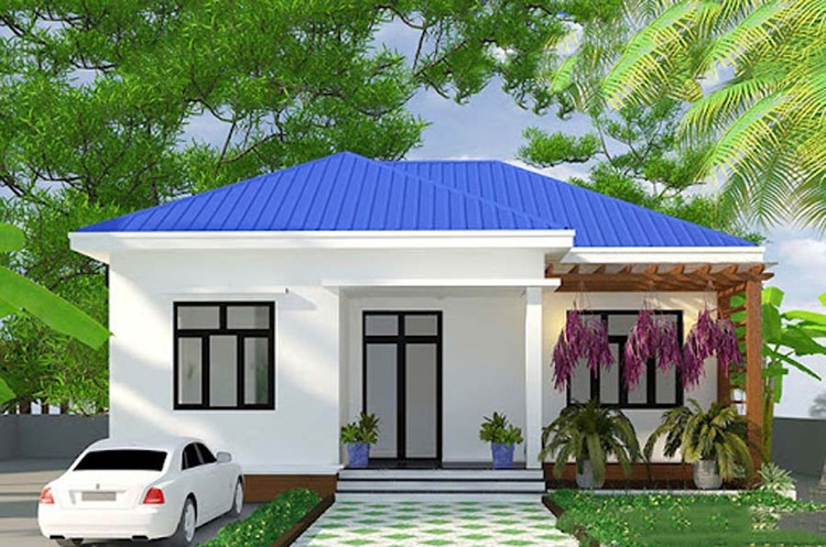 Nhà một tầng mái xanh, sân vườn xanh mát và ô tô trắng đỗ phía trước, tạo không gian sống yên bình.