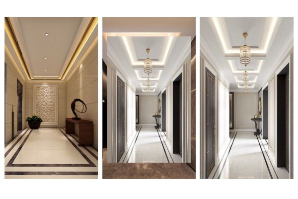 Hành lang sang trọng với trần đèn và nội thất hiện đại, trang trí tinh tế và gọn gàng.