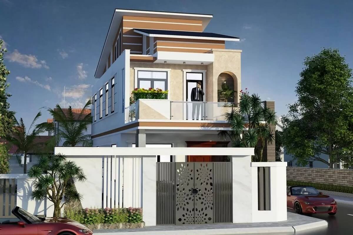 Biệt thự hiện đại 3 tầng với sân vườn xanh mát dưới bầu trời xanh, có xe thể thao đỗ phía trước.