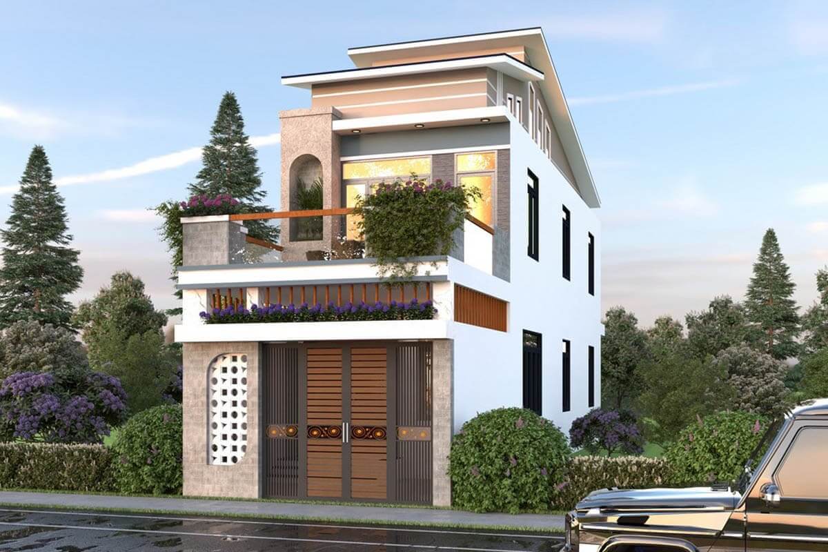 Nhà ba tầng hiện đại với sân thượng phủ cây xanh, cửa sổ lớn và màu sơn trắng, sáng ánh nắng ban mai.