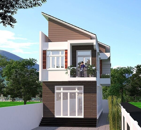 Nhà hai tầng với thiết kế hiện đại và mái xéo, xung quanh là cây xanh, trời xanh nắng đẹp.