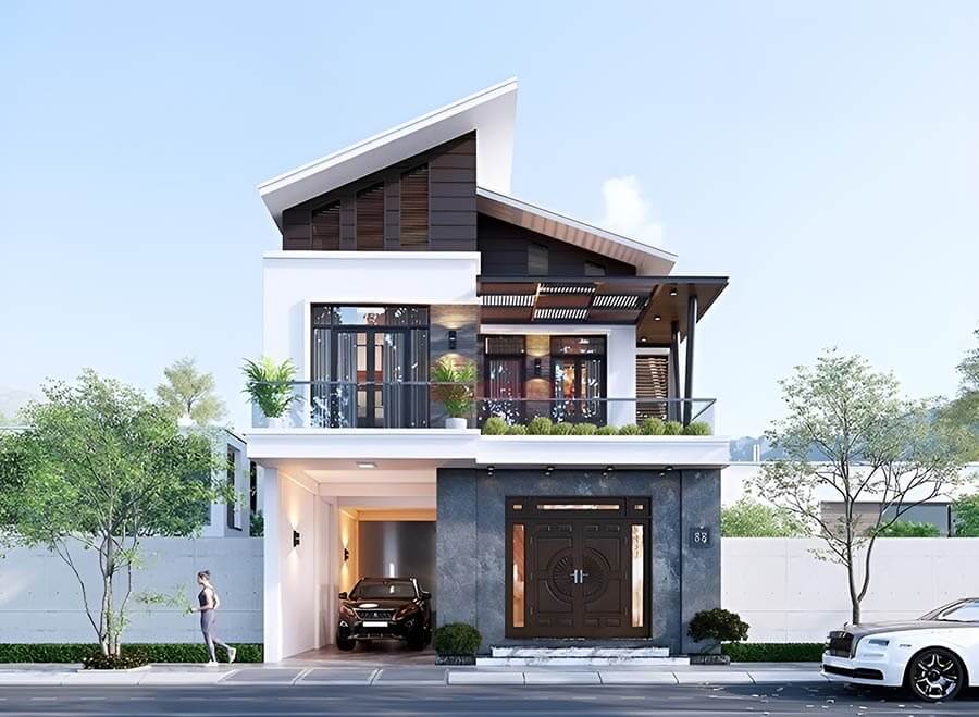 Nhà phố hiện đại hai tầng với thiết kế mái chéo và cửa kính lớn, có garage ô tô và cây xanh xung quanh.