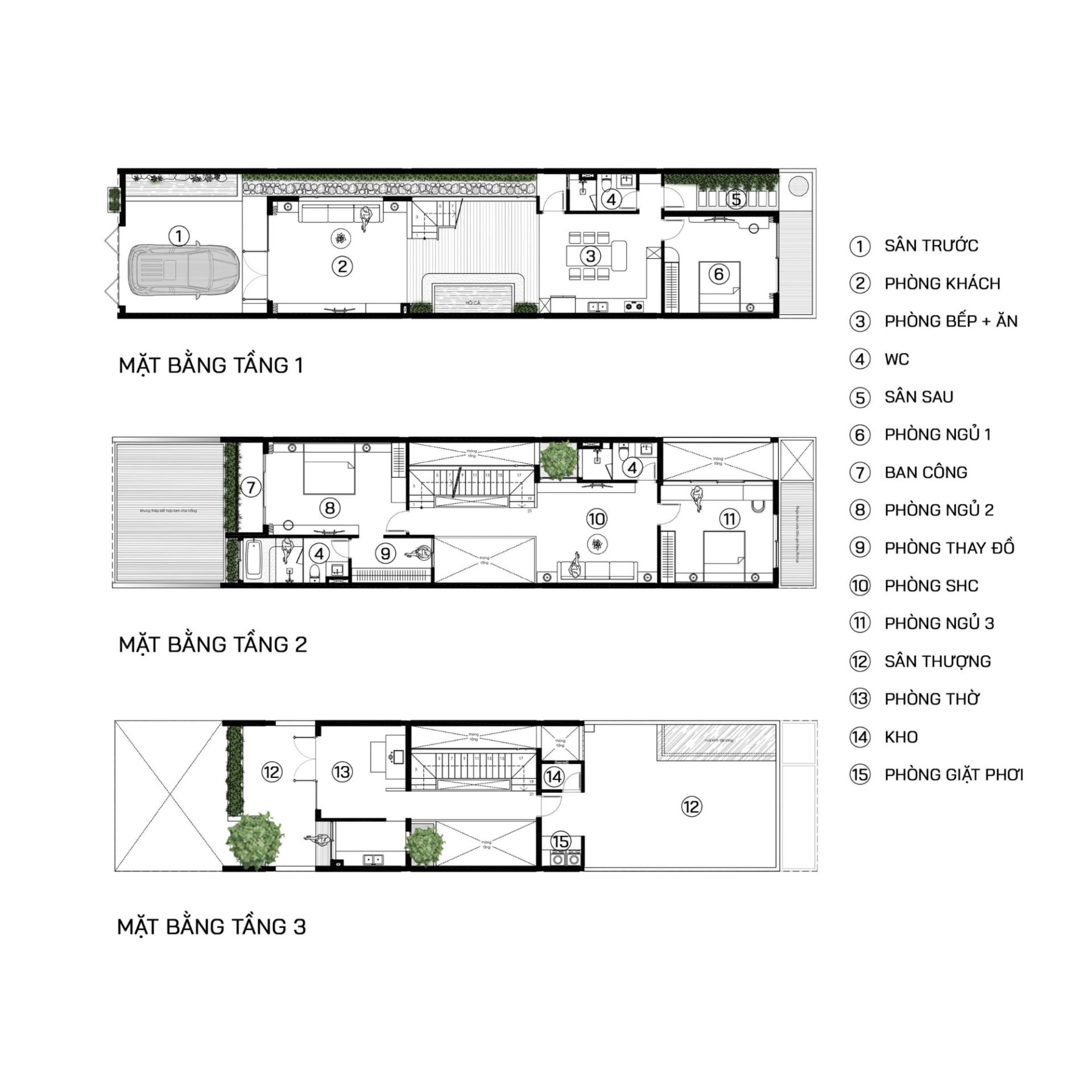 Mặt bằng bố trí công năng chi tiết nhà 3 tầng diện tích 6×20