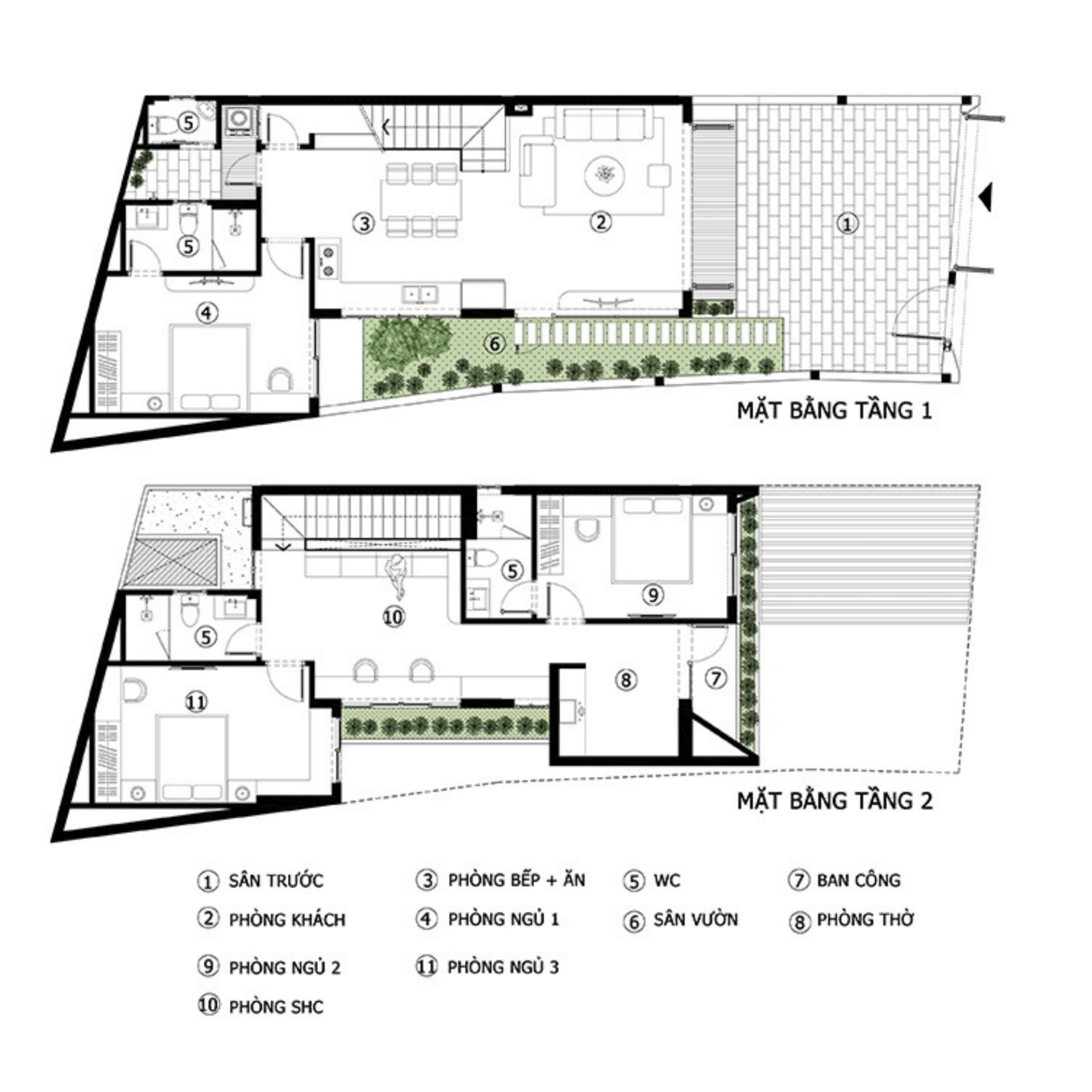 Mặt bằng bố trí công năng chi tiết của nhà đẹp 6×20 3 phòng ngủ