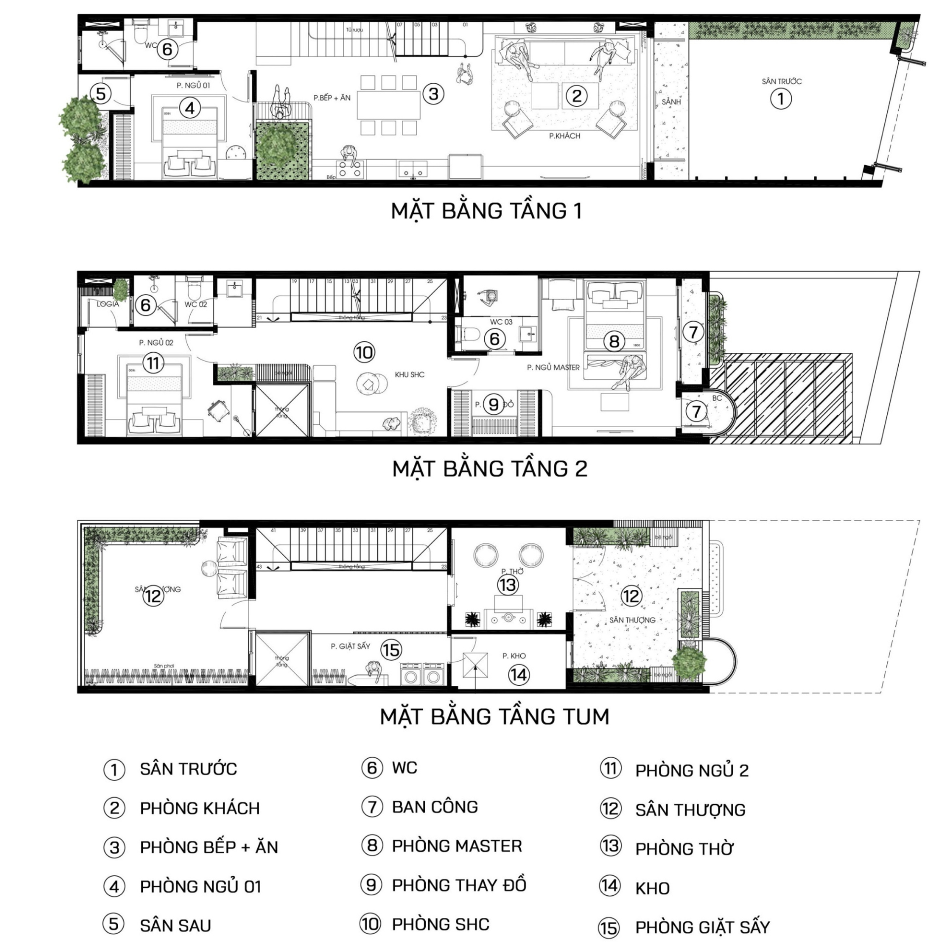 Mặt bằng công năng của ngôi nhà 2 tầng 5x24m kiến trúc vòm