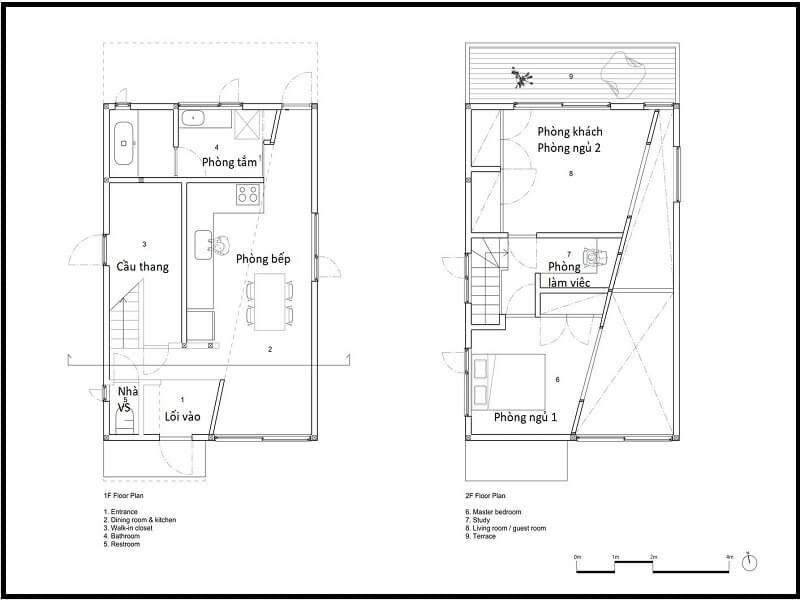 Sơ đồ mặt bằng nhà hai tầng với phòng khách, bếp, phòng làm việc, phòng ngủ và ban công.