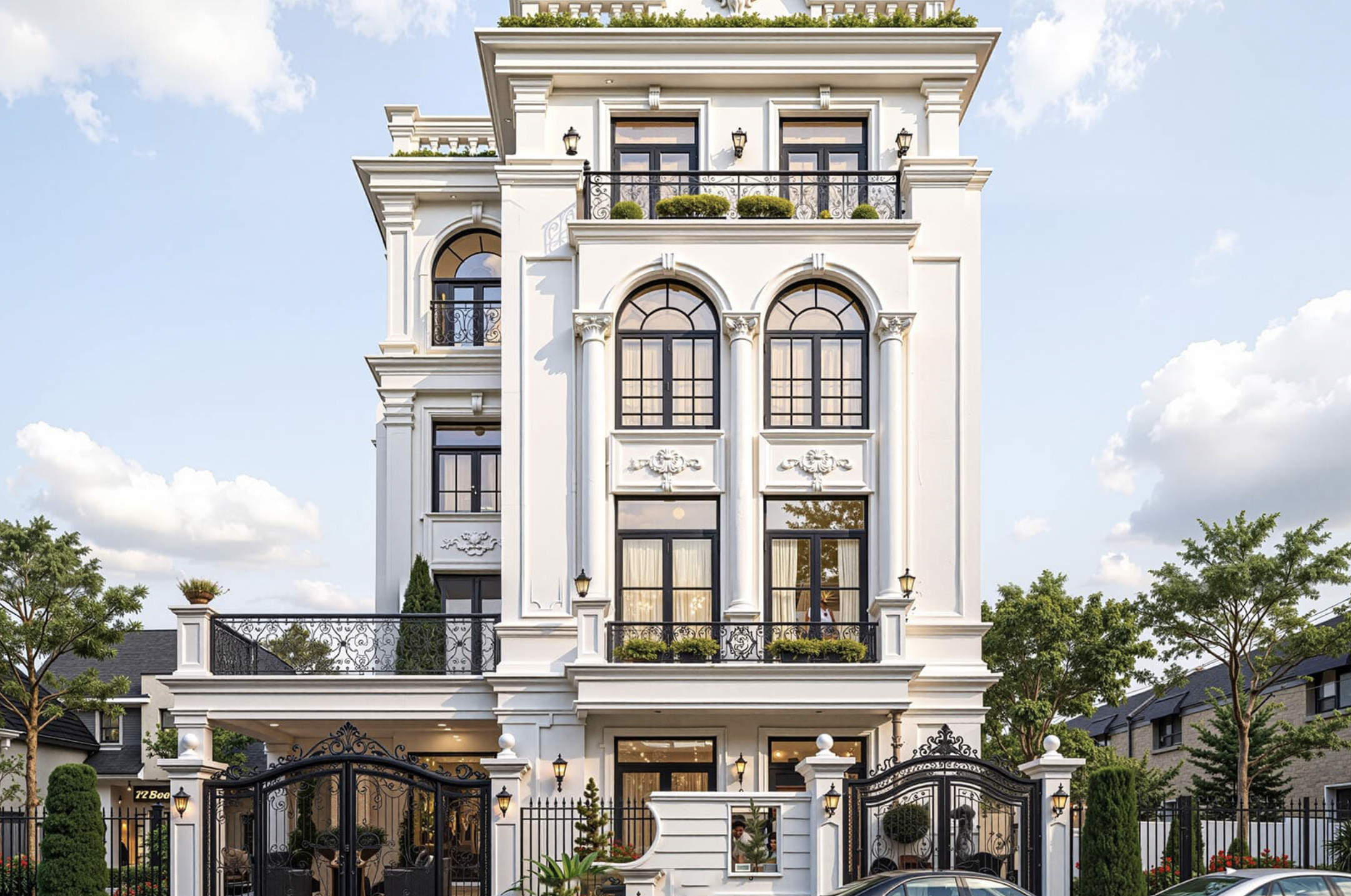 Biệt thự tân cổ điển 4 tầng sang trọng với ban công, cửa sổ rộng và cổng đen nghệ thuật.