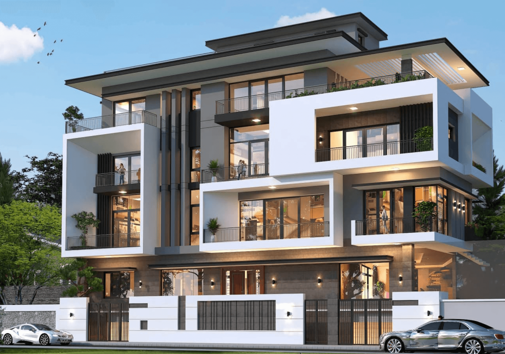 Biệt thự hiện đại sang trọng với kiến trúc độc đáo, thiết kế nhiều cửa sổ và ban công rộng thoáng.