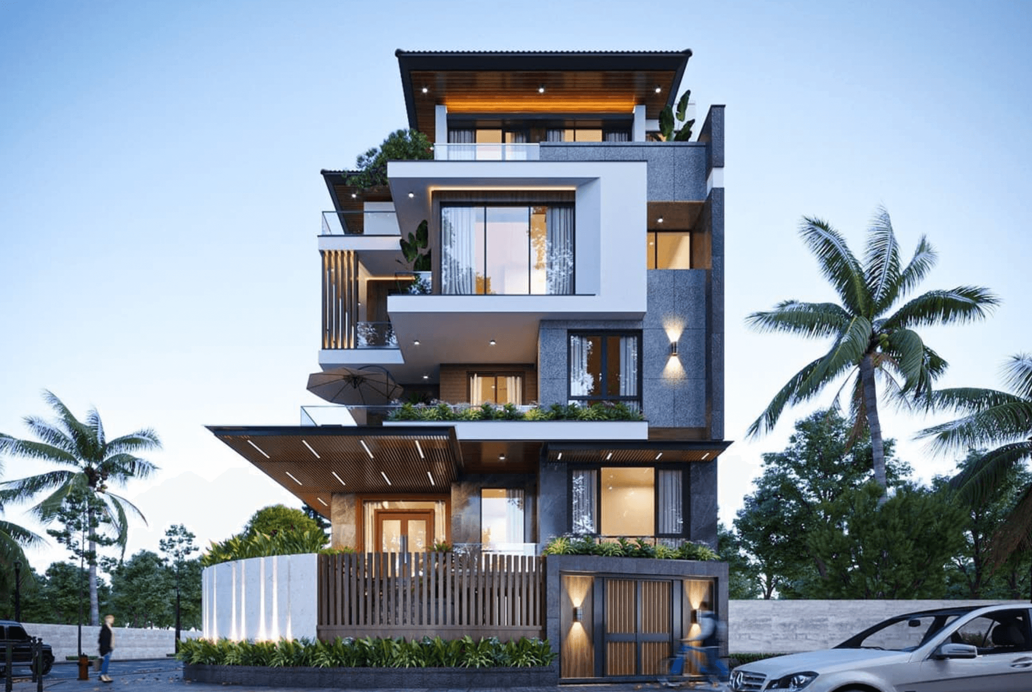Ngôi nhà hiện đại ba tầng với ánh sáng ban ngày, xung quanh là cây cọ xanh tươi và trời trong xanh.
