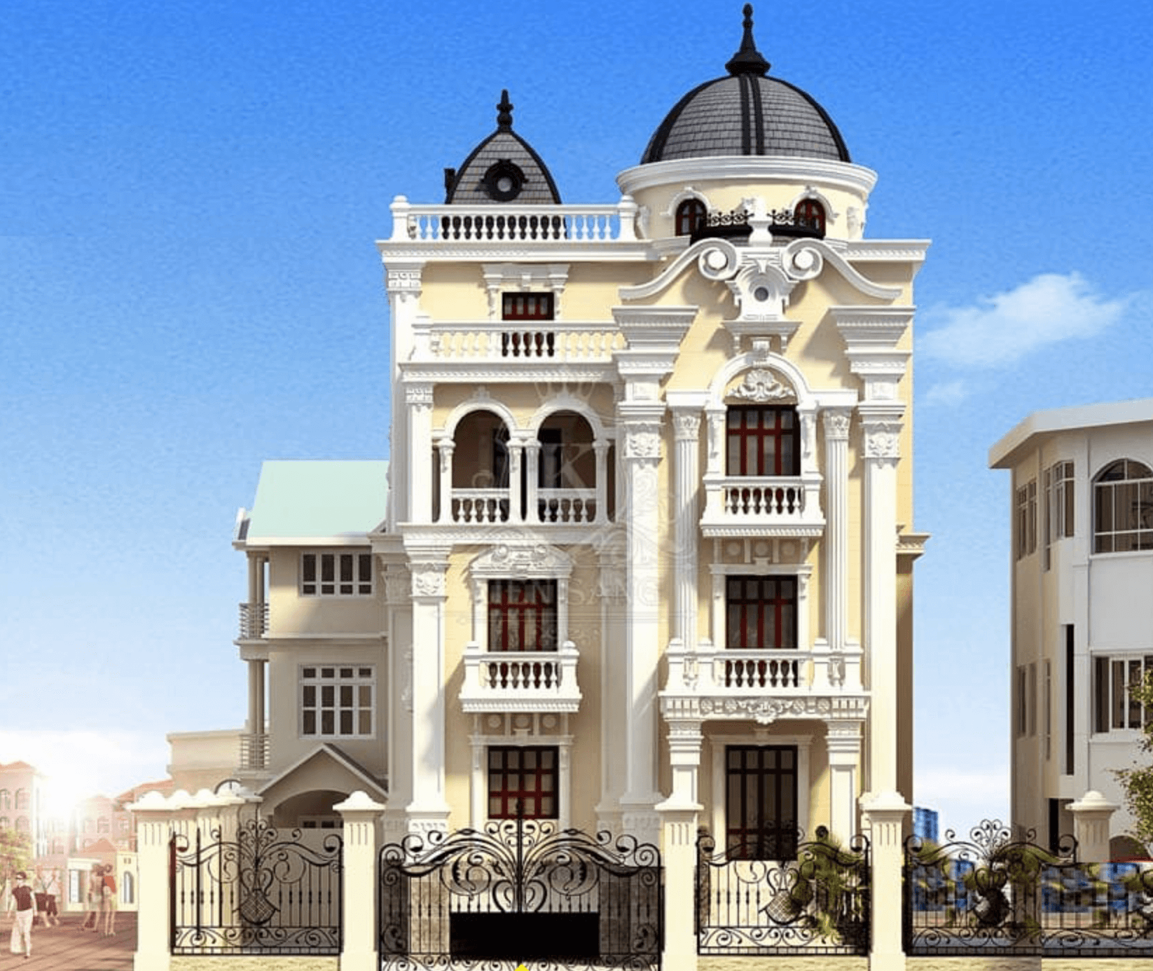 Biệt thự cổ điển với kiến trúc tinh tế và cổng sắt hoa văn, bầu trời xanh.
