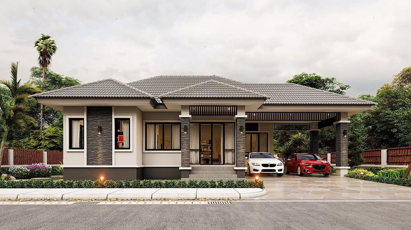 Ngôi nhà hiện đại với mái ngói, sân vườn và hai xe ô tô đậu trước cửa.